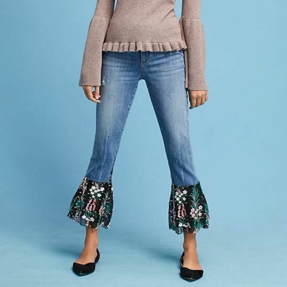 Pilcro and the Letterpress Denim - Pilcro Anthropologie Floral Flounce Lace Hem Jeans